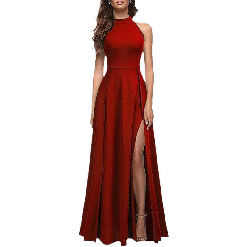 2025 Summer Women's Fashion: Sexy Slit Halter Neck Evening Gown – High-End Feel Long Skirt