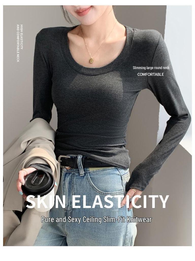 Women's H256 Slim Fit Round Neck Long Sleeve T-Shirt - Versatile Solid Color Base Layer for Spring and Autumn.