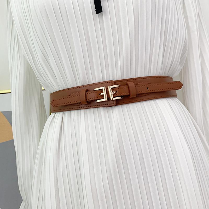 Stylish Women's Elastic Waist Belt With Double Buckles For Dresses And Coats In Black And Camel