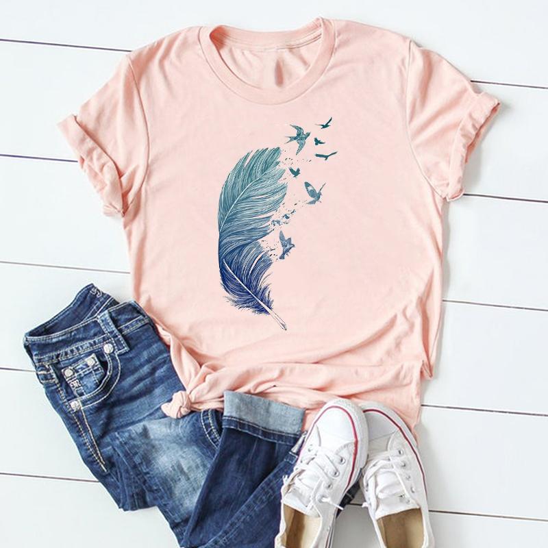(Asian Size) Watercolor Feather Vintage Bird Women Print Short Sleeve Tee Top Fashion Tshirt Clothing Casual Summer Lady Female Graphic T-shirt