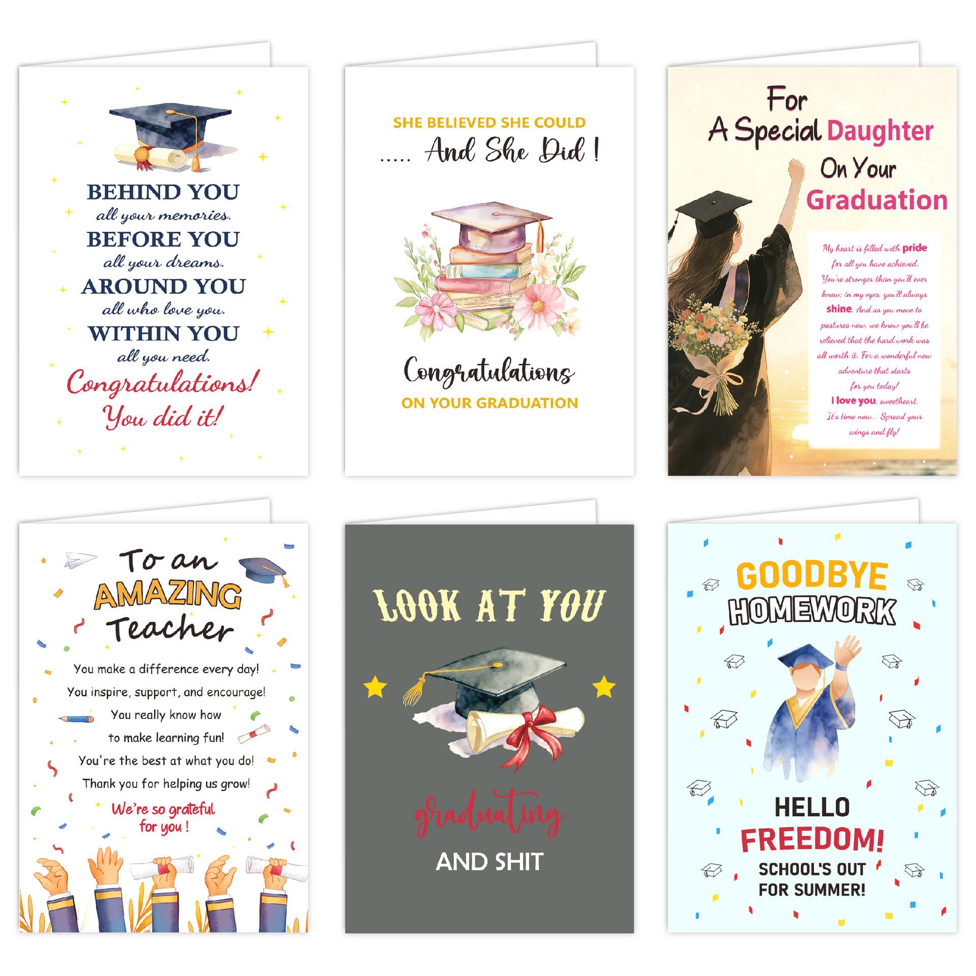 6pcs Minimalist English Graduation Card Inspirational Blessing Greeting Card with Envelope