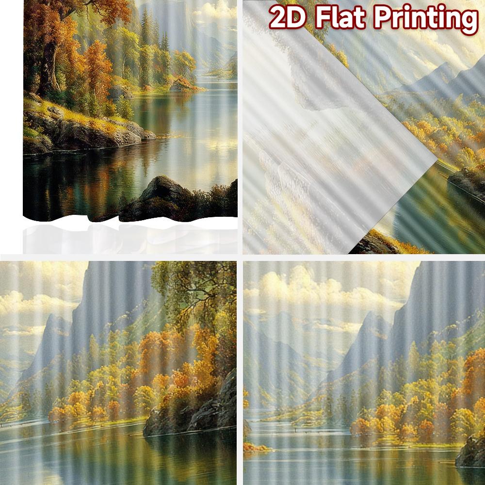 2D Flat Printing 2pcs Curtain Autumn Mountain Lake Landscape Digital Printed Polyester Drapes Festive Curtains Use for Yard &