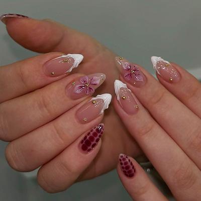 30pcs Almond-Shaped 3D Fake Nails, Floral Nail Art Design Press On Nails, Steel Ball Decor Acrylic Nail Kit, French Manicure For Women Nail Supplies
