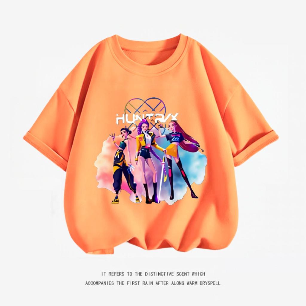 Girls Short Sleeve Cartoon Fashion Summer Wear 2026 Trendy Clothing Kpop Demon Hunters Huntrix T-shirt Pure Cotton Tees