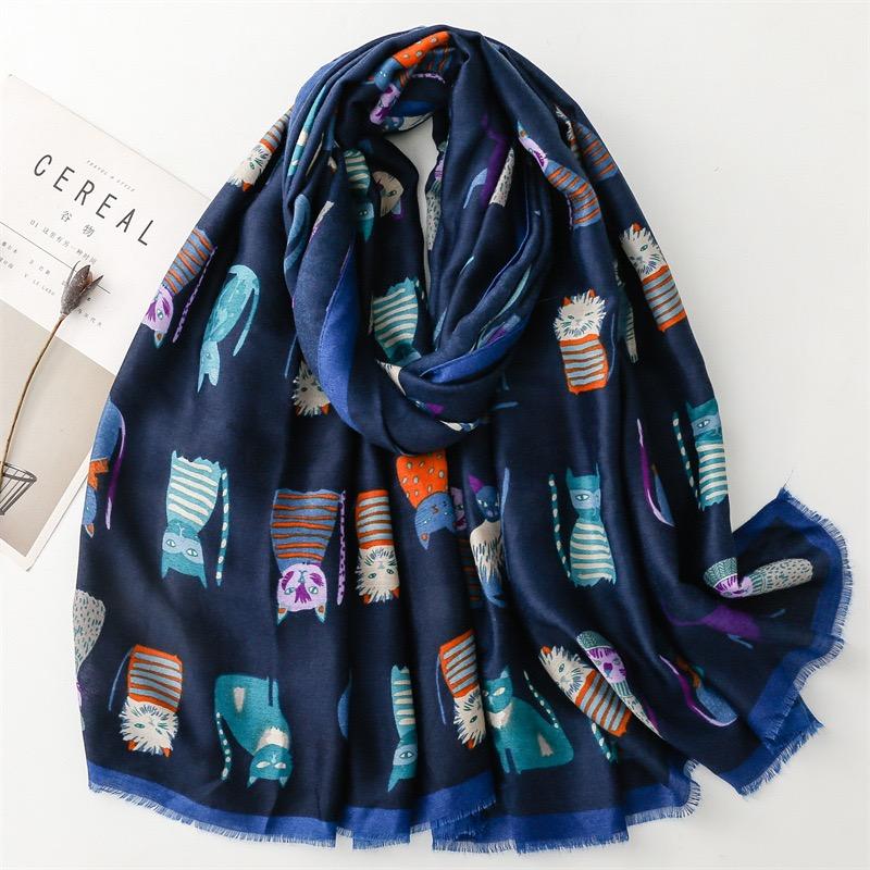 Sciarpe Autunnali Adorabili con Motivo Animale Gatto in Cotone e Viscosa per Donna, Morbida Stola Pashmina di Alta Qualità, Hijab Musulmano 180*90cm
