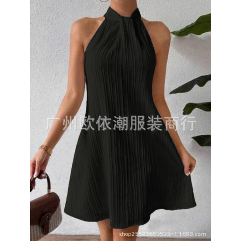 QICED Fashion Summer Spring Solid Color Print Sleeveless Casual Dresses