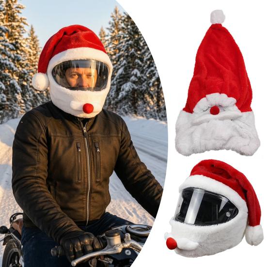 Santa Claus Helmet Hat Christmas Motorcycle Cover, Plush Accessory for Decoration, Xmas Holiday Accessories Men