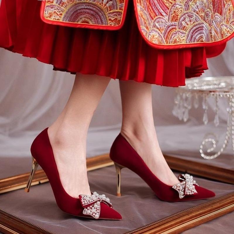 Fashion Women High Heel Shoes Elegant Fad Pointed Tip Fine High Heels Women Water Diamond  Pearl Bow Banquet Wedding Shoes Zapatos Mujer