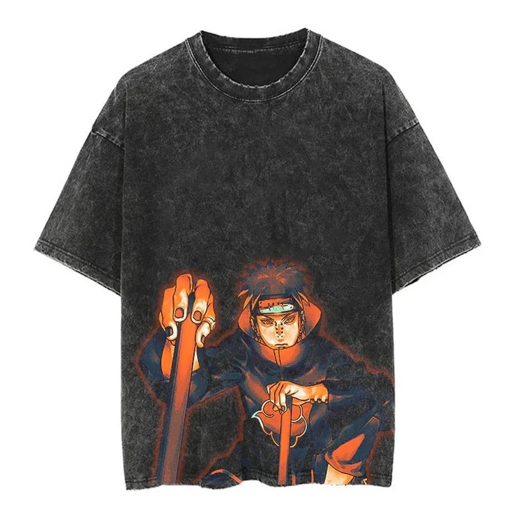 Hip Hop Streetwear Washed T Shirt Japanese Anime Naruto Print T-Shirt Vintage Top Harajuku Cotton Men Summer Short Sleeve Tshirt