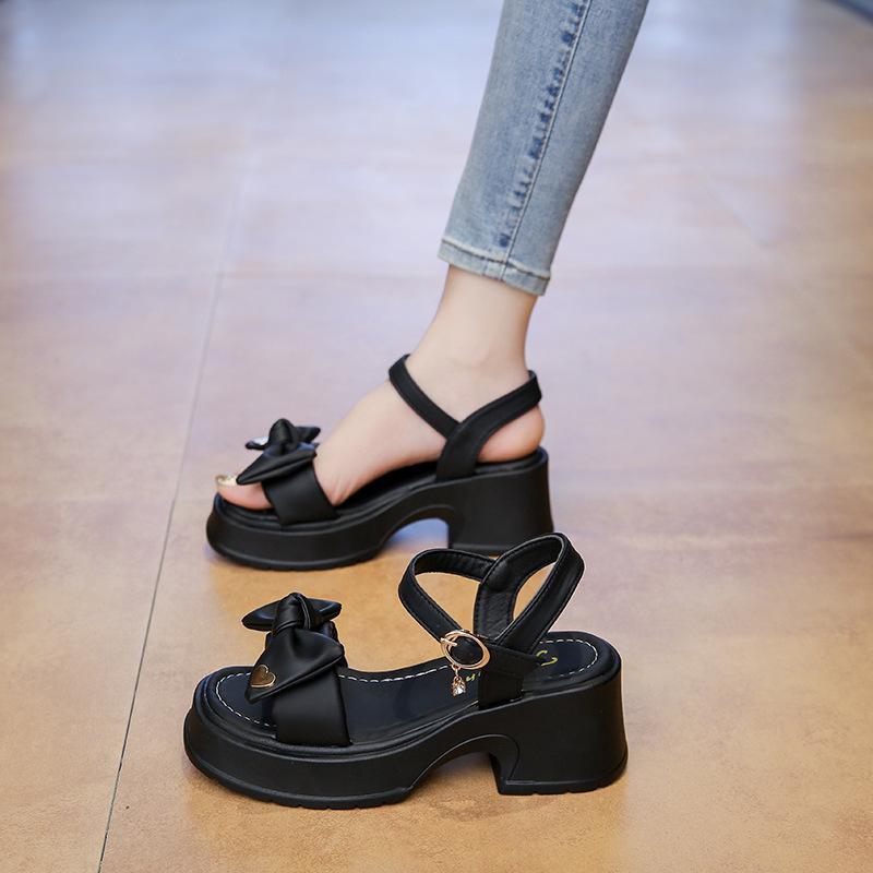 

Korean tide high heels women s summer 2025 new fashion versatile bow comfortable word with thick heel sandals women 40 чёрный