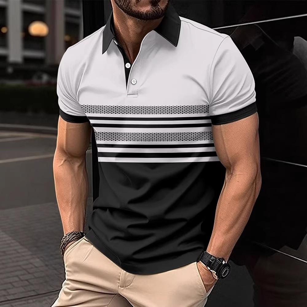 Summer Men New Short Sleeve Strpe Polo Shirt Men Business Casual Lapel Golf Polo Shirt Tops 100% Polyester