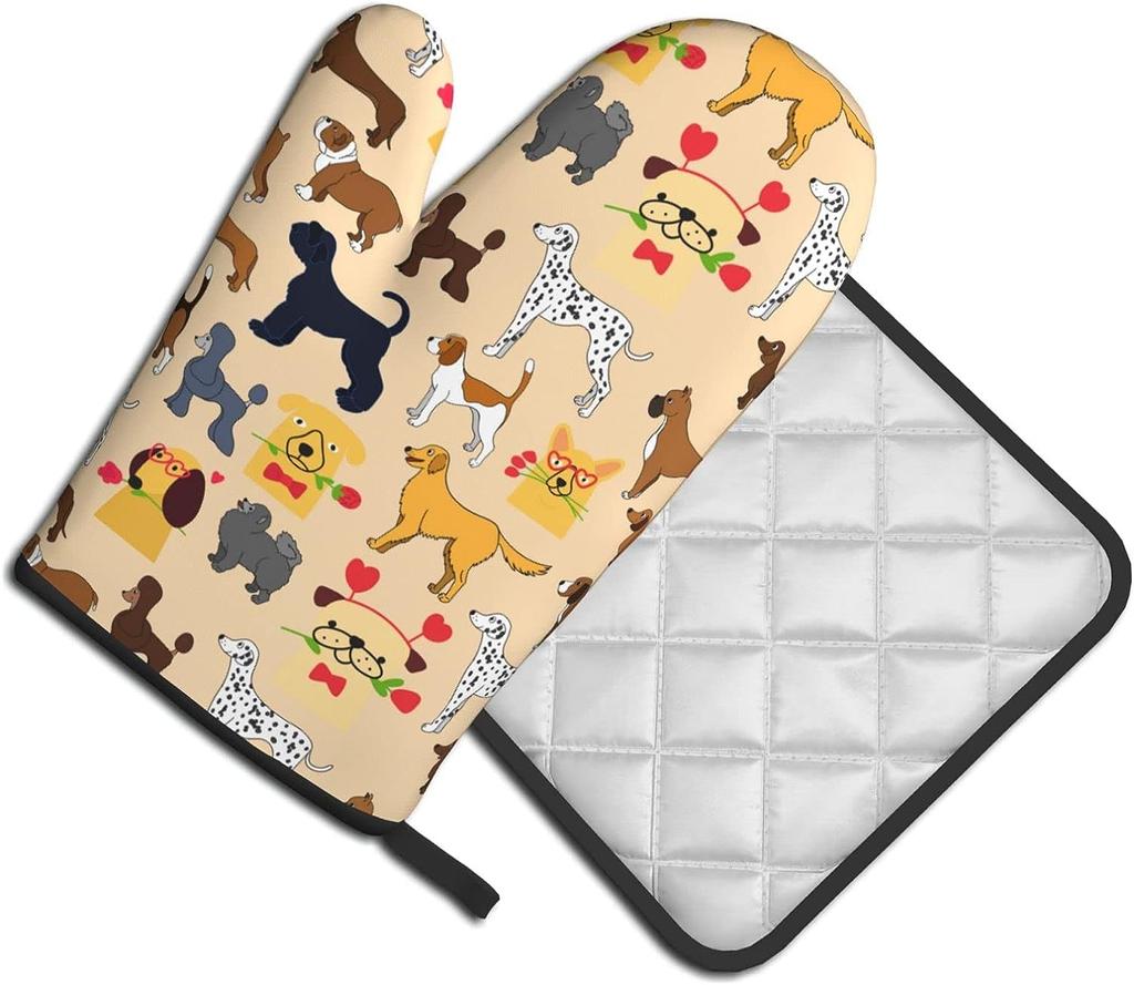 Dog with Flower Oven Mitts Pot Holders Set Heat Resistant Waterproof Gloves for Kitchen Cooking Baking BBQ