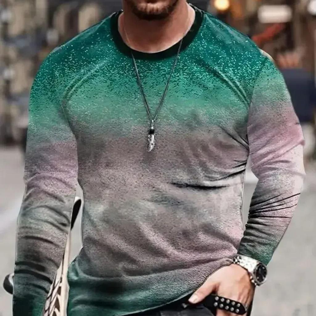 2024 Vintage Men's T-Shirt Color Block Long Sleeve 3D Clothing Print Harajuku Oversized Tops Men's Outdoor Jogging T-Shirt Tops