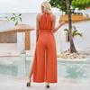 Damen Sommer Casual Einfarbig Ärmellos Neckholder Jumpsuit Lose Hohe Taille Gürtel Weite Beinhose Jumpsuits