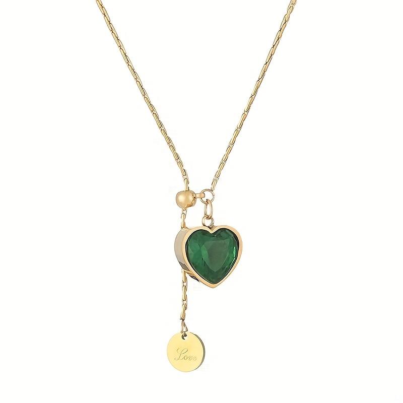 1pc Adjustable Stainless Steel Heart Pendant Necklace with Green Cubic & Golden-Tone Tassel Charm - April Birthstone Jewelry, KC Golden Plated Collarb