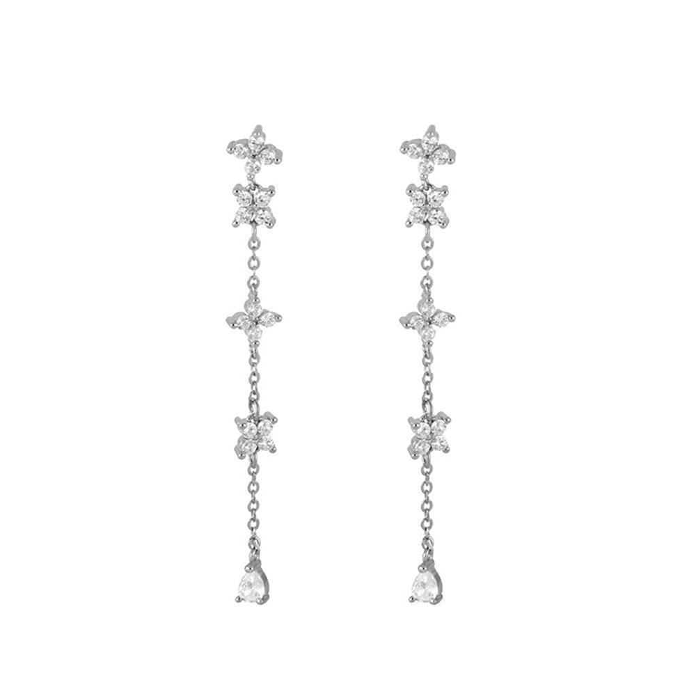 French Design Gold Color Long Chain Flower Dangle Earrings for Women Stainless Steel Zircon Drop Earrings Piercing Jewelry