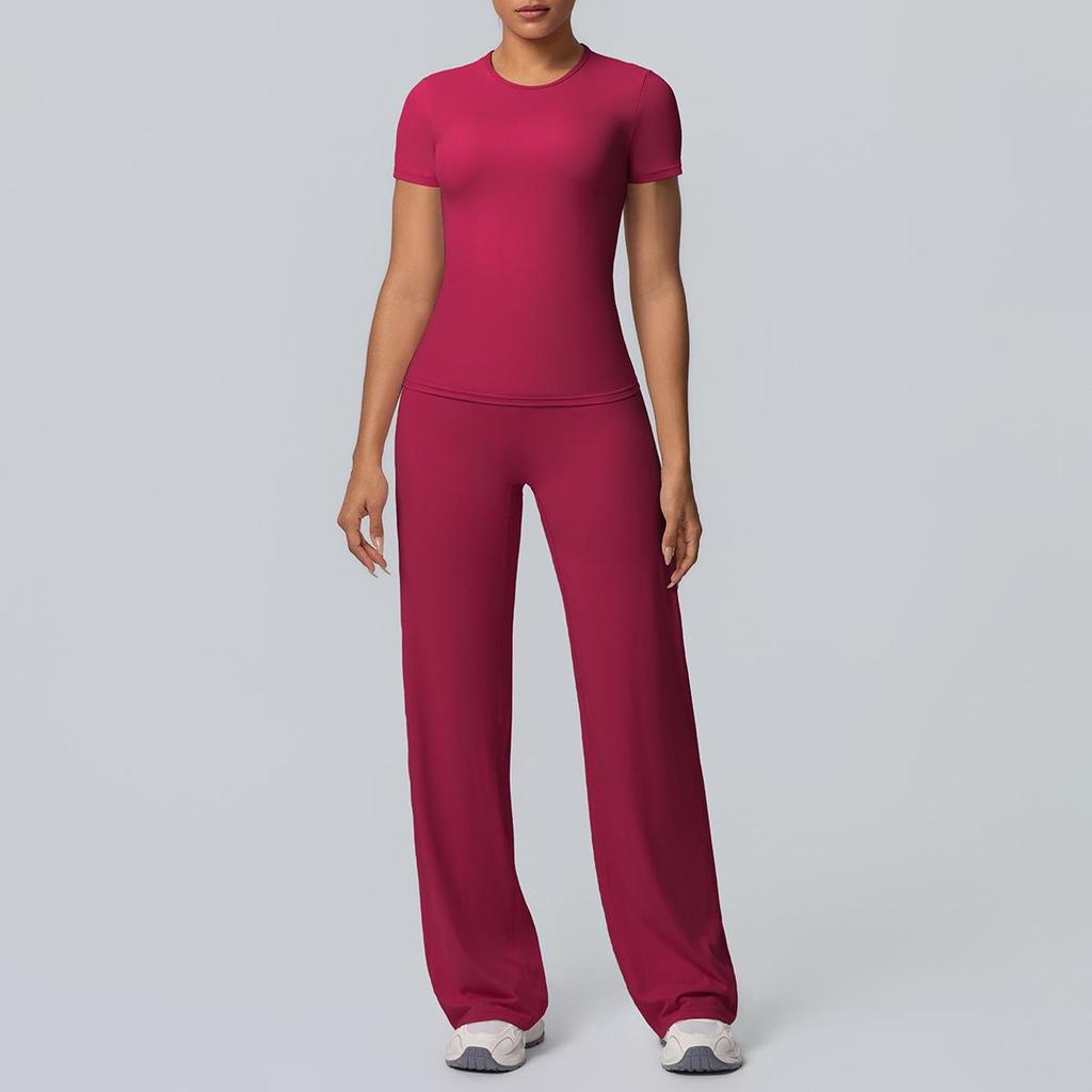 Tvådelad Enfärgad Yoga-dräkt: Dubbelsidig borstad långärmad topp med vida byxor för träning, löpning och fitness
