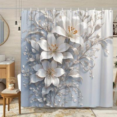 1 Elegant Lily Shower Curtain, Silver Petals, Gold Stamens, Sparkling Diamonds, Polyester Fabric, with Hooks