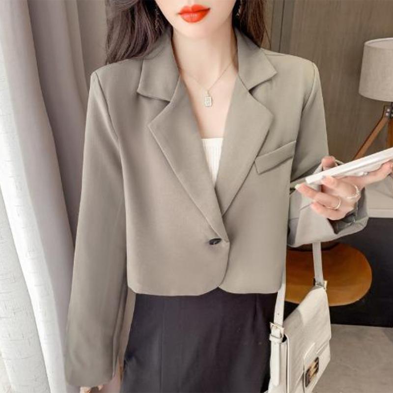 Koreanische Cropped Blazer Frauen Einfarbig Einfache Single-taste Outwear Teens Alle-spiel Langarm Büro Anzug Jacke