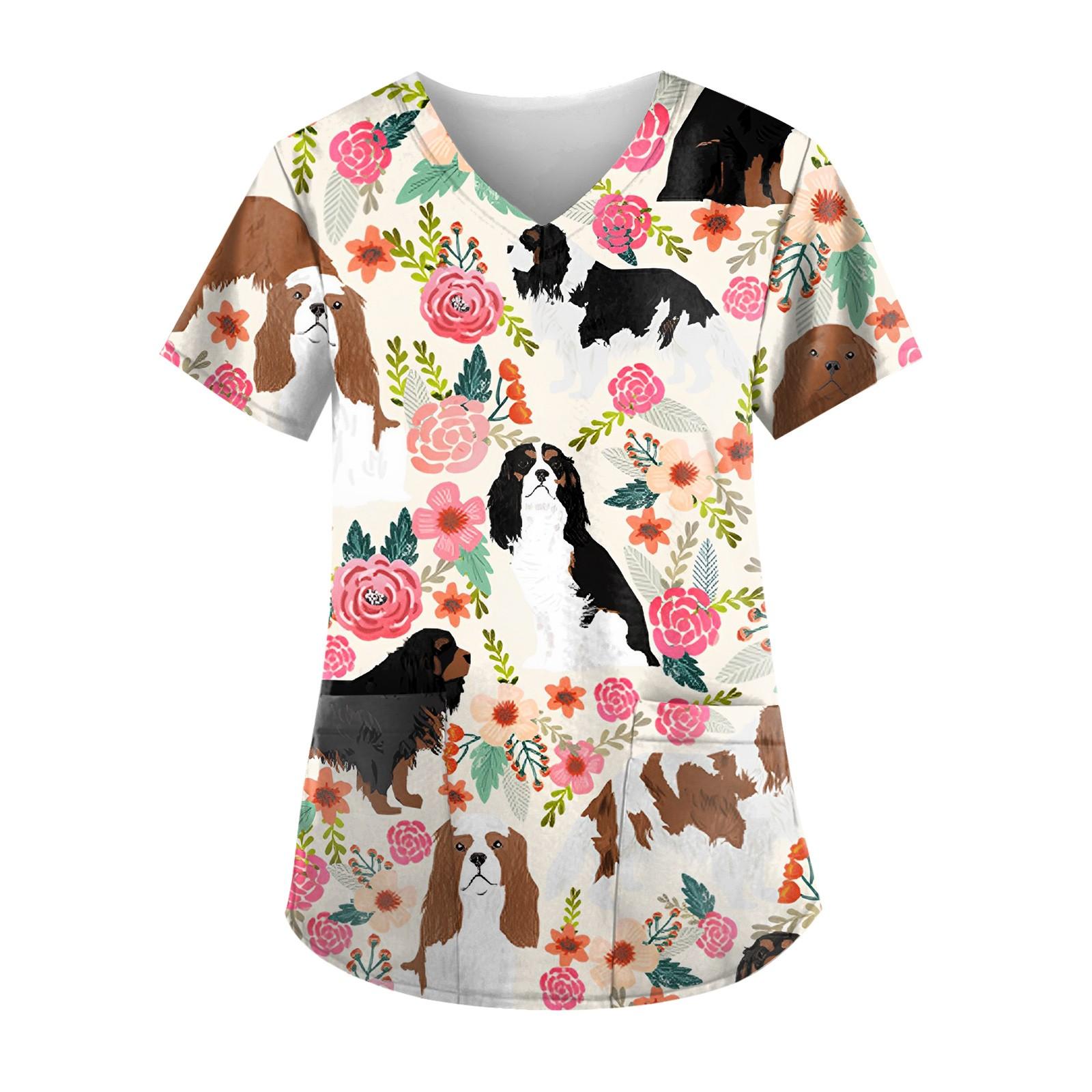 

Жіноча симпатична робоча блуза з кишенями з коротким рукавом і V-подібним вирізом L