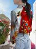 Women's Casual Long-Sleeve Shirt, Heterochromia Floral Cat Print, Whimsical and Lively, Versatile Top for Holiday Parties