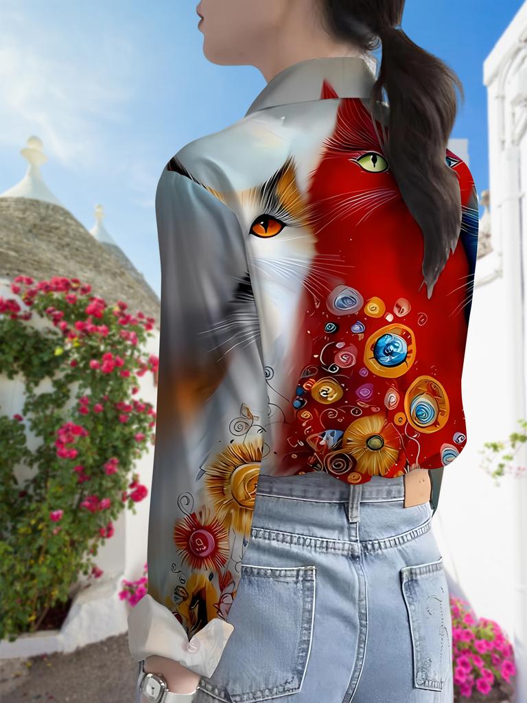 Women's Casual Long-Sleeve Shirt, Heterochromia Floral Cat Print, Whimsical and Lively, Versatile Top for Holiday Parties