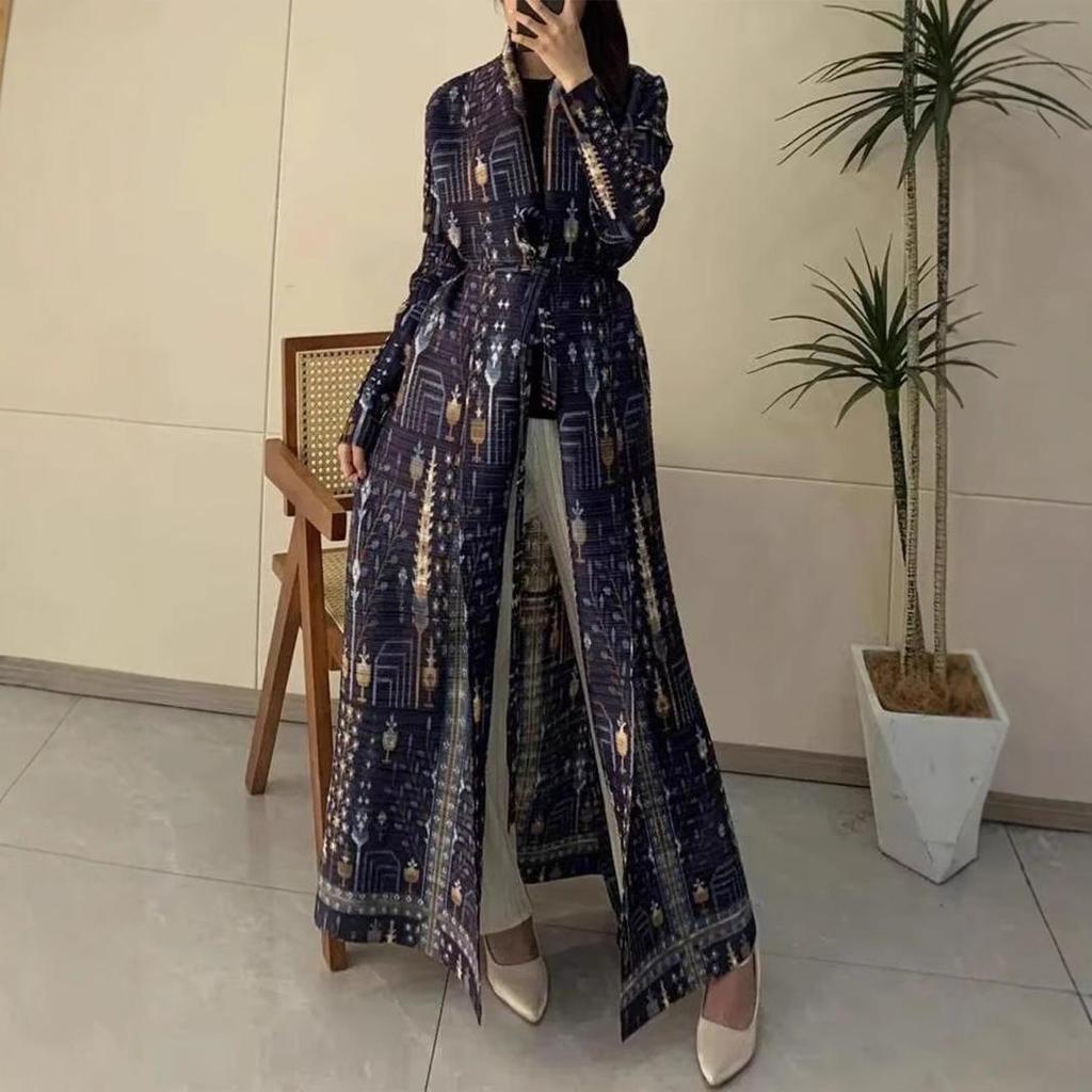 Miyake Pleats Women's High-End Printed Trench Coat Cardigan Muslim Robe