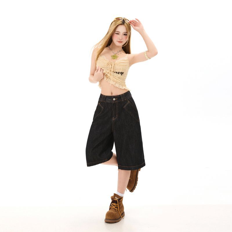 Fashion Summer Vintage Cargo Wide Leg Denim Cropped Capri Pants Loose Straight Trendy Slimming Functional Design