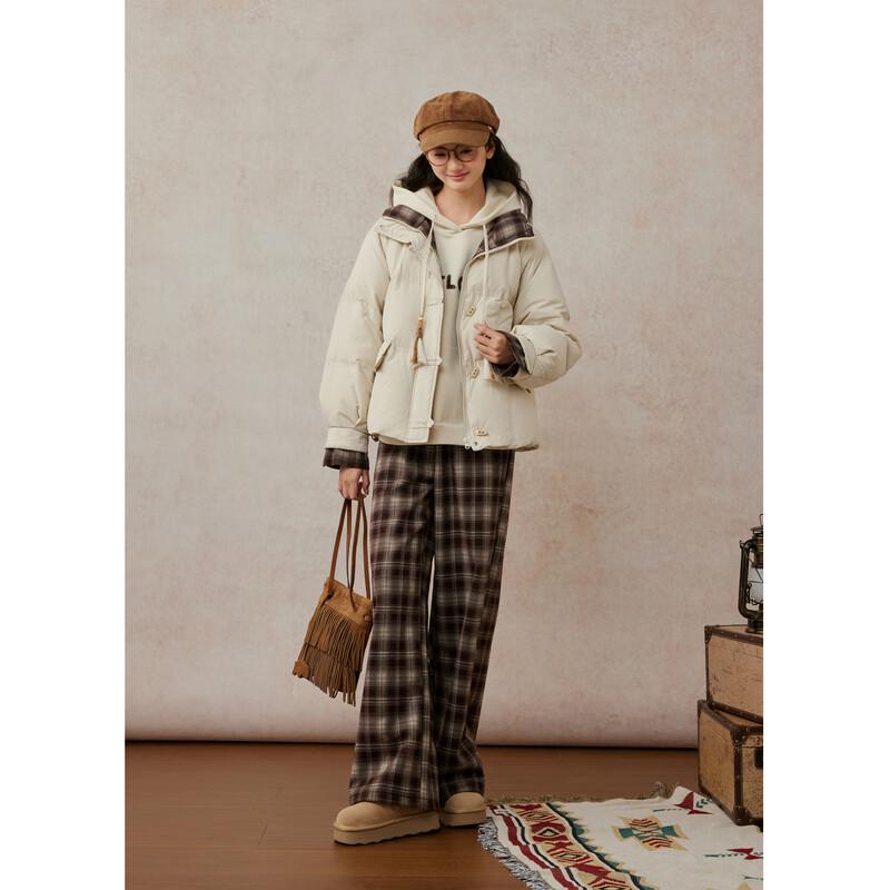 ZIHAN Women's Retro Coffee Plaid High-Waist Wide-Leg Pants
