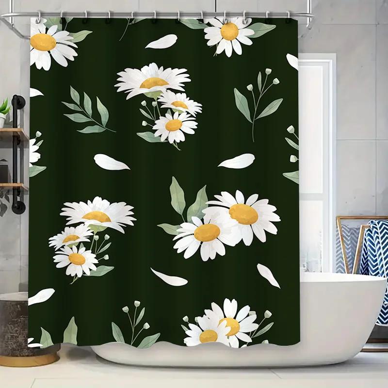 

Green Floral Shower Curtain Waterproof Bath Decorative Curtains White Daisies Print Shabby Chic Home Bathroom Decoration (180X24 W60H190(CM)-1 Pcs