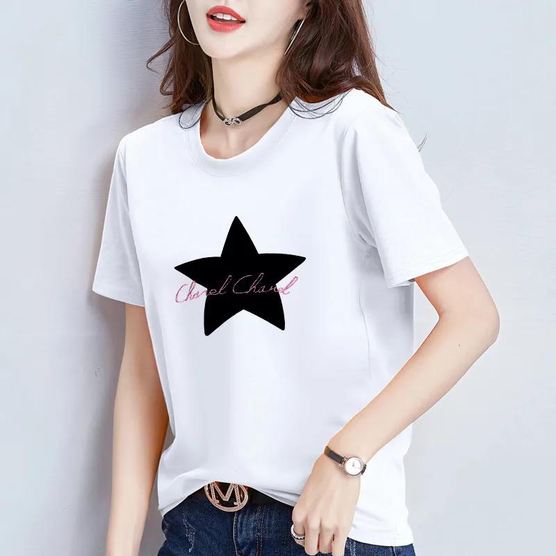 T-shirt d'été pour femmes Couleur unie Grande taille Manches courtes Imprimé dessin animé Étoile et Lettres T-shirt décontracté ample élastique