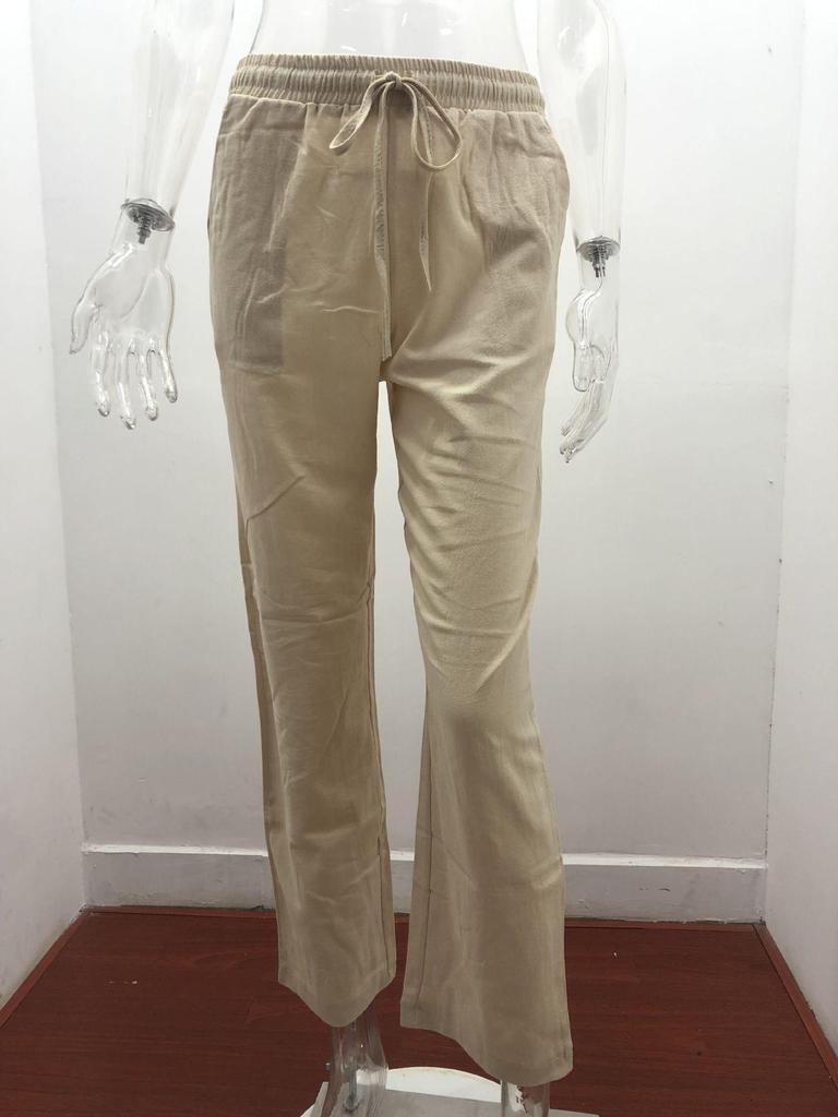2026 Spring/Summer Women's Solid Color Cotton Linen Drawstring Wide-Leg Casual Pants