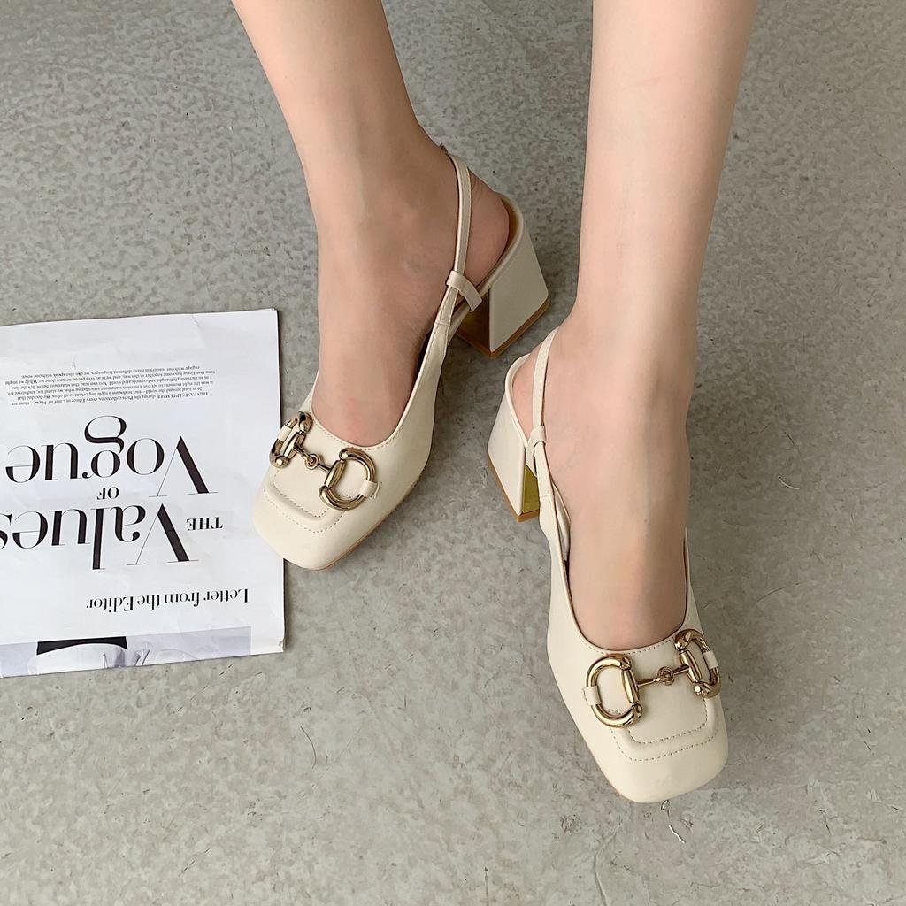 Baotou sandals women's summer middle heel thick heel high heels Mary Jane square head horse buckle single shoes