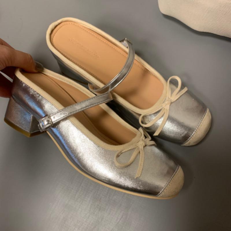 

Summer new small silver half-drag Mary Jane thick heel inner height increase 7.5cm ballet shoes women s outer wear 34 серебряный