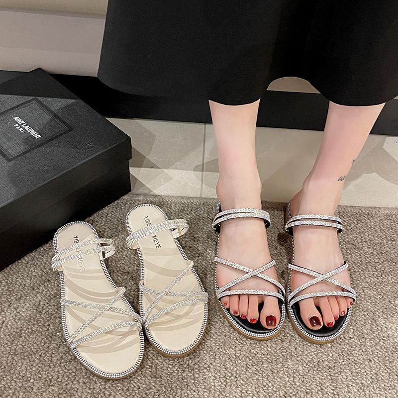 Sandals Female Flat Bottom 2025 Summer New Rhinestone Fairy Ins Wind Outside Wear Slippers Student Soft Bottom Two Wear Sandals