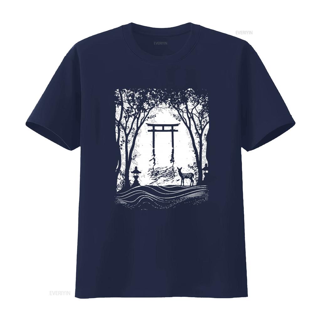 Japanese Style T Shirt with Floating Torii Gate Japan Shinto Shrine Deer Miyajima Nature Print for Men in Various Sizes