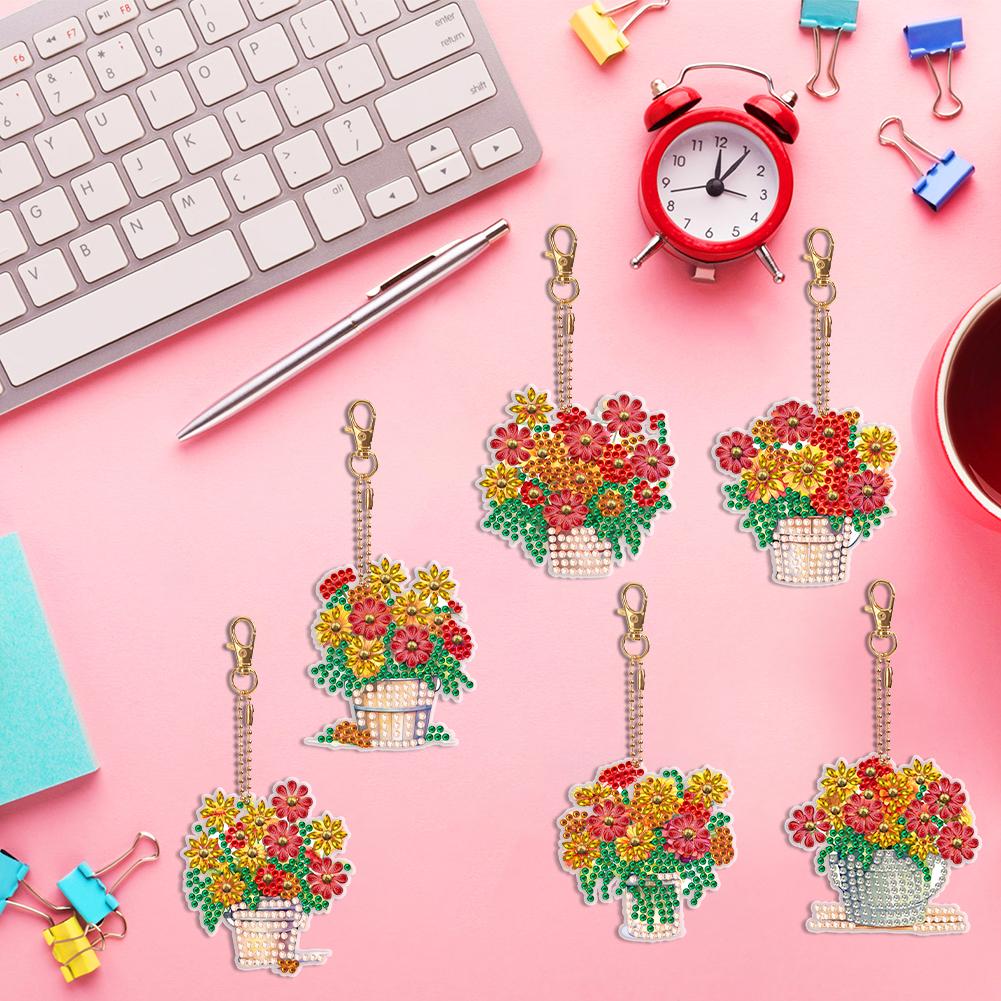 5/6/7PCS Rhinestone Painting Keychain Pendant Diamond Art Keyring Rose Grey Dragon Cute Kitten Envelope Flowers Mandala