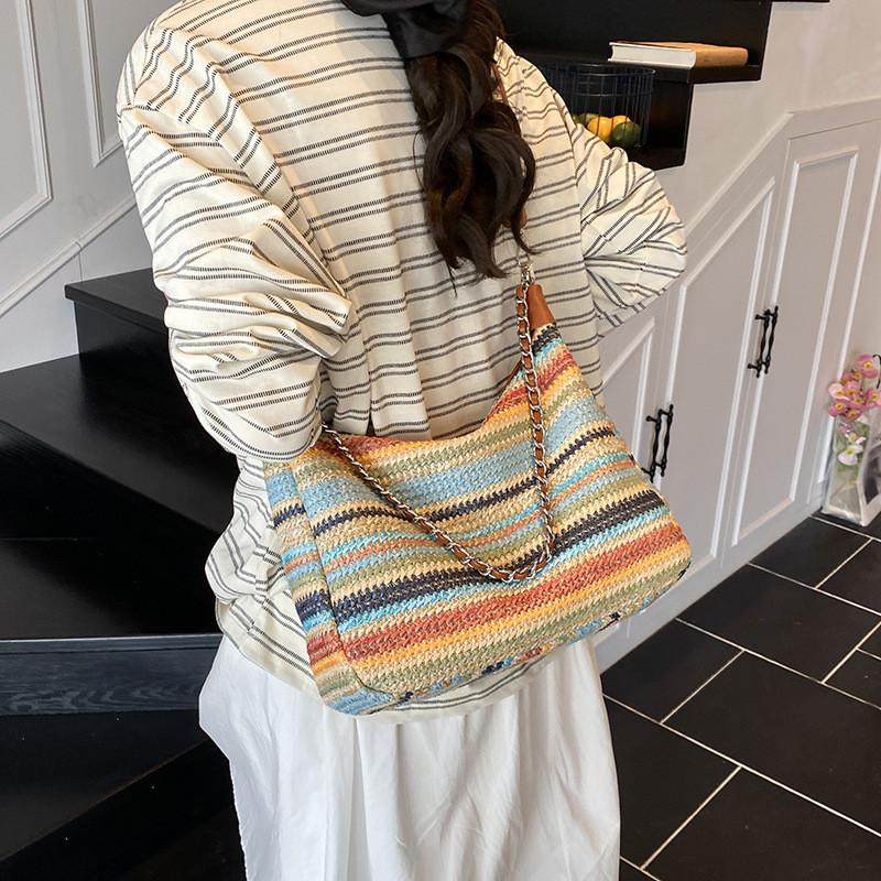 IELGY Summer Rainbow Woven Bag Seaside Commuter Underarm Bag Vacation Style Large Capacity Tote Bag S
