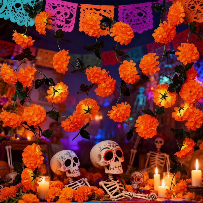 Artificial Marigold Chrysanthemum Wall Hanging Vine for Day of The Dead Halloween Easter Altar Decoration Garland Festive
