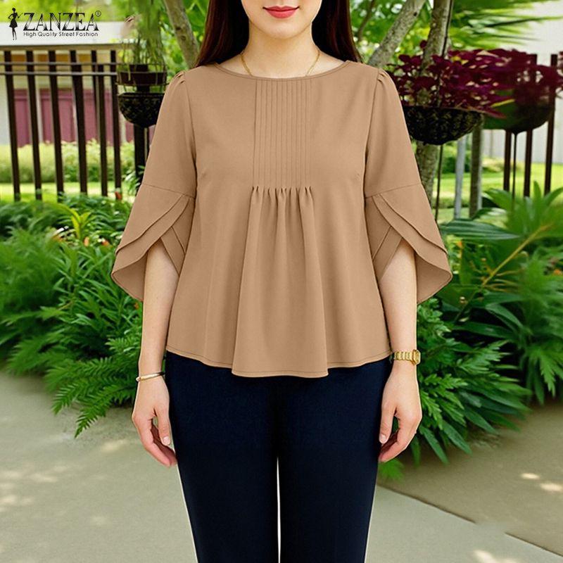 ZANZEA Women Casual Round Neck 3/4 Sleeve Loose Blouse S