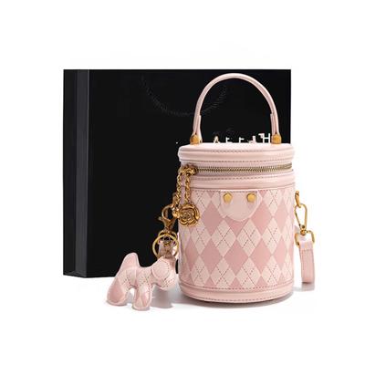 Neue Diamant-Karree-Eimer-Tasche, stilvolle Zylinder-Tasche, Handtasche, Schulter-Crossbody-Tasche, Geburtstagsgeschenk, Durchmesser 11,5 cm, Höhe 16 cm