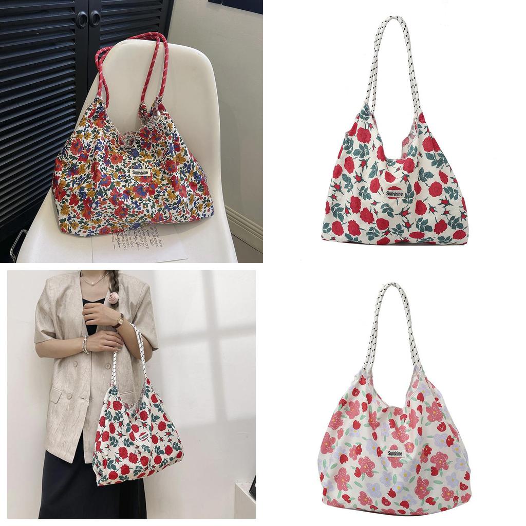 Floral Canvas Tote Bag Large Capacity Casual Shopper For Daily Use
