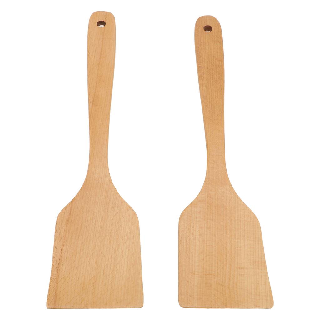 2 STÜCK Holzspatel Kochwender Buchenholz Langer Griff Breit Flach Bratspatel für Küche