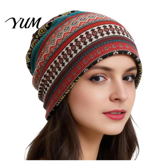 Trendy Fashion Gift for Her Women's Geometry Print Slouchy Hat, Casual Soft Stretch Skull Shopping Dating Headpiece Cap, Warm Cancer Chemo Headwear,