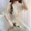 Chiffon floral dress summer dress Korean version waist thin age reduction temperament V-neck fairy skirt short sleeve long skirt