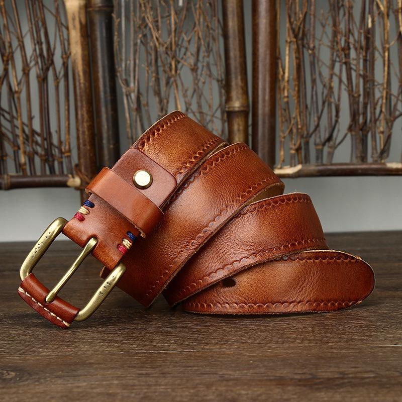 Retro Fashion Versatile Leather Belt Men'S Pure Cowhide Copper Buckle Old Pleated Denim Belt