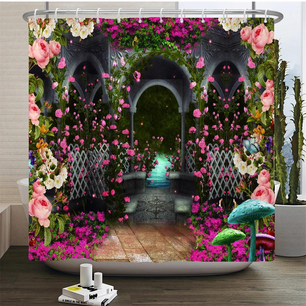 3D Waterproof Fabric Shower Curtains European Style Arched Flower Printed Bath Curtain Large 240X180 With Hooks Bathroom Screen