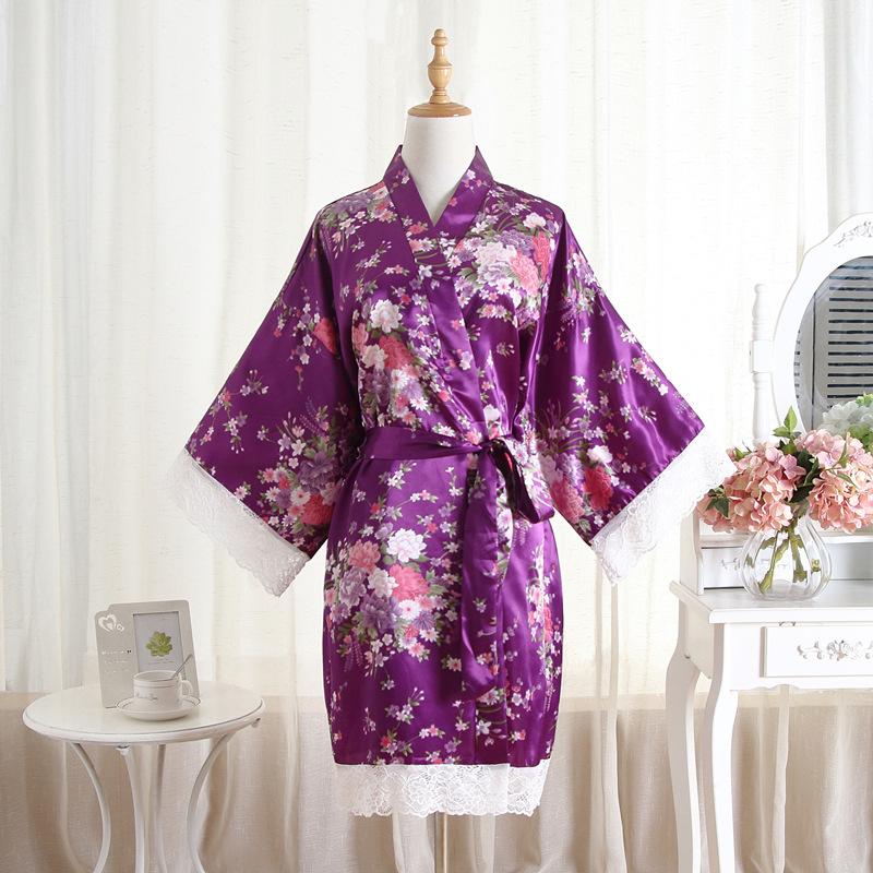 Comfortable Homewear Summer Imitation Silk Lace Floral Floral Robe Short Kimono Bathrobe Cardigan Robe Fashion Temperament Elegant