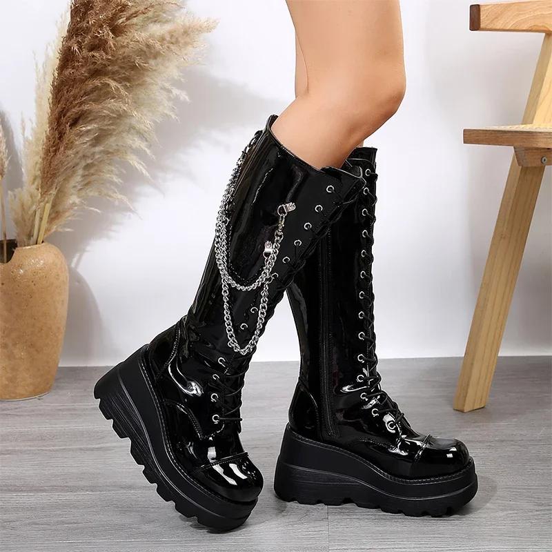 Fashion Winter High Heels Chain Chelsea Boots Platform Knee High Women Luxury Shoes Fashion New Trend Lace Up Wedges Zipper Boots