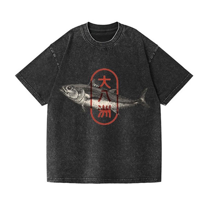 Summer Fashion 100% Cotton Washed Acid T-shirts  Great Eight Islands of Japan Tuna Fish Vintage Wash Japanese Design Tees
